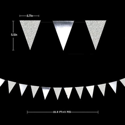30 Ft Silver Party Decorations Glitter Metallic Paper Triangle Banner Flag Garland Pennant Bunting for Graduation Wedding Engagement Anniversary Bachelorette Birthday Baby Bridal Shower Party Supplies