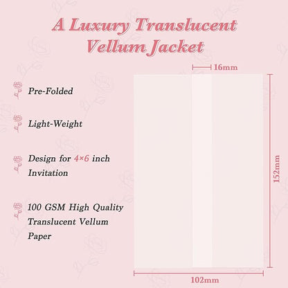 120 Pack Pre-Folded Vellum Jackets for 4x6 Invitations, Translucent Vellum Paper 4x6 Jackets, 100GSM Wedding Invitations Wraps, Envelope Liners for Birthdays, Baby Showers