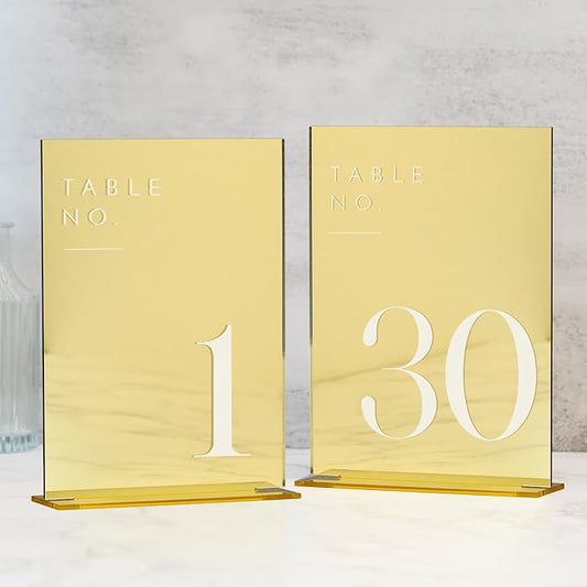JINMURY Gold Wedding Table Numbers 1-30 with Stands, 5"x7" Gold Mirror Acrylic Table Numbers, Perfect for Wedding Reception, Party, Anniversary, Event