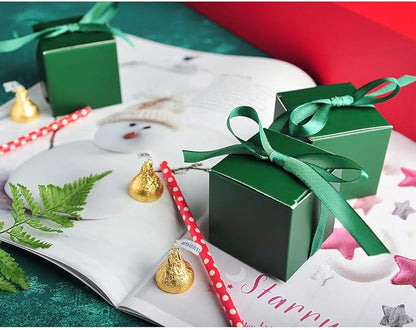 AWELL Dark Green Gift Candy Box Bulk 2x2x2 inches with Green Ribbon Party Favor Box,Pack of 50