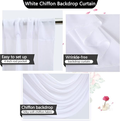 PARTISKY 10x7ft White Chiffon Backdrop Curtains (2 Panels 5x7ft Each) - Wrinkle-Free Sheer Fabric Photo Drapes for Wedding Ceremony Arch Birthday Baby Shower Photography Stage Decor
