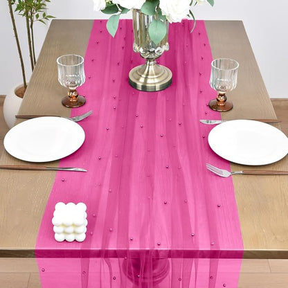 Joanlody Fall Fuschia Pearl Table Runner 10ft Rustic Boho Tulle Table Runner with Pearls for Baby Shower Wedding Party Veil Dessert Thanksgiving Table Decor Hot Pink 4pcs
