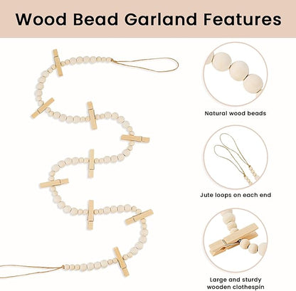 Hanging Photo Display Wall Decor, 3PCS Boho Wooden Bead Garland Collage Picture Frame with 9 Wood Clips for Bedroom, Living Room, Office, Dorm Decor, Photos Holder Teen Girl Gifts