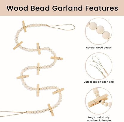 Hanging Photo Display Wall Decor, 2PCS Boho Wooden Bead Garland Collage Picture Frame with 9 Wood Clips for Bedroom, Living Room, Office, Dorm Decor, Photos Holder Teen Girl Gifts