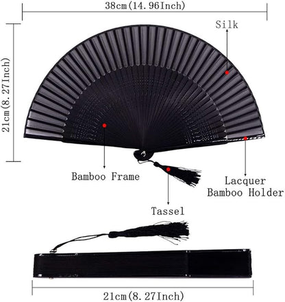 Amajiji 8.27"(21cm) Hand Held Bamboo Silk Folding Fan Hand Fan,Chinese/Japanese Charming Elegant Vintage Retro Style,Women Ladys Girls Best Gifts (Black-2)