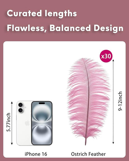 NEWONG 30pcs Peony Pink Ostrich Feathers Natural Bulk 9-12inch(23-30cm) Vase Craft Wedding Home Party Centerpieces Christmas Day Decoration