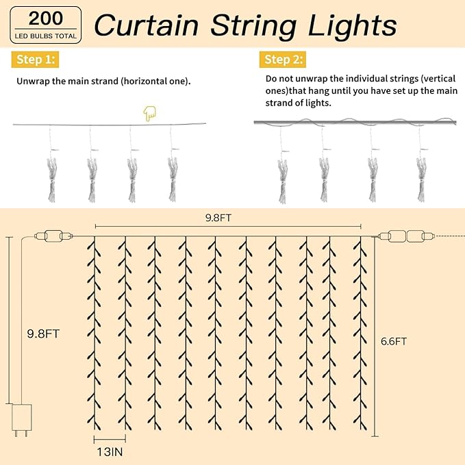 200 LED Curtain String Lights 9.8 * 6.6FT Plug in Fairy with Timer and 8 Modes, Waterproof Window Wall for Bedroom Wedding Party Indoor Outdoor Christmas Decor