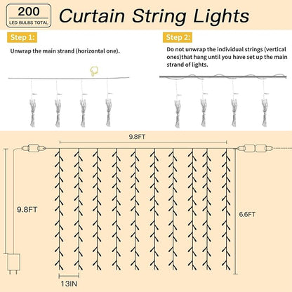 200 LED Curtain String Lights 9.8 * 6.6FT Plug in Fairy with Timer and 8 Modes, Waterproof Window Wall for Bedroom Wedding Party Indoor Outdoor Christmas Decor
