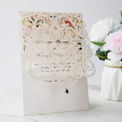 Hosmsua 50PCS Personalized Wedding Invitations Kit 5.12 x 7.3 Laser Cut Hollow Rose Rhinestone Pocket with Envelope for Wedding Quinceanera Invite (White Ivory)