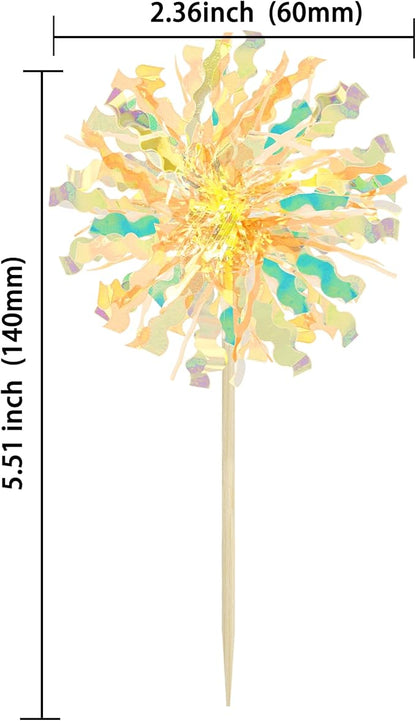 Ephlyn 30Pcs Foil Firework Cupcake Toppers Sparkle Tinsel Drink Birthday Cake Decorations Cocktail Food Fruit Toothpick for New Years Wedding Birthday Party Decorations Yellow