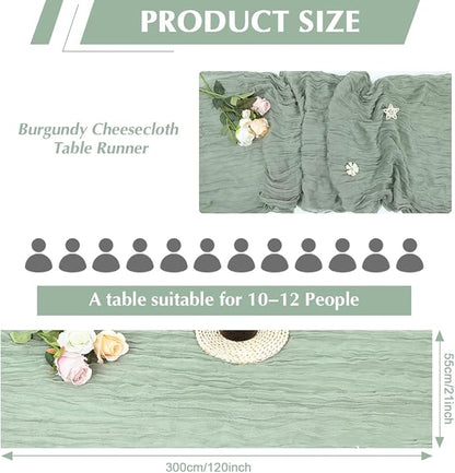 10 Pack Sage Green Cheesecloth Table Runner -21*120Inch Long Boho Wedding Table Decor, Rustic Gauze Fabric Runner for Bridal Showers, Baby Showers & Parties (Sheer, Lightweight, Wrinkled Design)