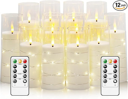 Flameless Candles with Embedded Star String - Battery Operated LED Candles, with Remote,12 White Flickering Candles for Christmas, Weddings, Home Decor & Party,(D 2.3"×H 5" 6" 7")
