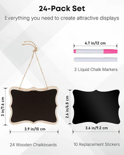 Uniclife 24 Pack Mini Chalkboard Signs for Food, Small Chalkboard Signs with Strings Chalk Markers & Replacement Stickers, Hanging Chalkboards Sign Reusable Wooden Food Labels for Party Buffet Wedding
