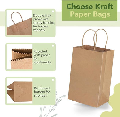 MESHA Kraft Gift Bags 200 Pack 5.25x3.75x8 Inch Small Brown Paper Bags with Handles Bulk for Small Business,Birthday,Party,Wedding,Retial,Shopping Bag