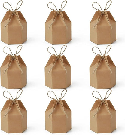 Zontween 50 Pack Hexagon Paper Box With Twines Kraft Paper Hexagon Boxes With Twice Candy Favor Present Boxes For Wedding Birthday Brown