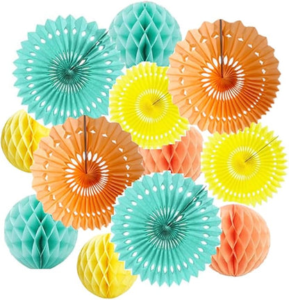 12pcs 6’’ 8’’ Honeycomb Balls Tissue Paper Fans Party Honeycomb Ball Fans Wall Tissue Pom Poms Flower Balls Hanging Paper Fans for Party Baby Shower Birthday Wedding Nursery Decor(Yellow Orange kit)