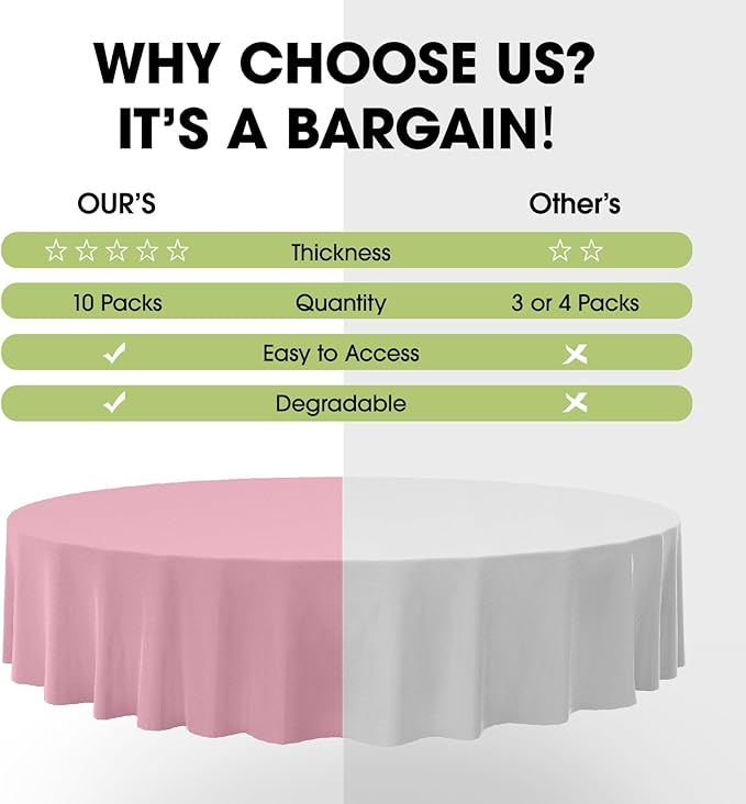Pureegg Plastic Table Cloth Disposable 10 Pack, 84'' Round Table Cloths, Easter Party, Valentines, Mothers Day Decorations, Tablecloths, Round, Pastel Plastic Cover, Leakproof & Sturdy, Pink