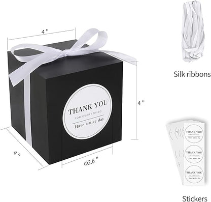 COTOPHER Small Gift Boxes 100 Pack 4x4x4 inches Black Gift Boxes with Lids for Gifts, Crafting, Wedding Party Favor, Cupcake Boxes, Candy, Bridesmaids Proposal Box with Ribbons and Stickers (Black,