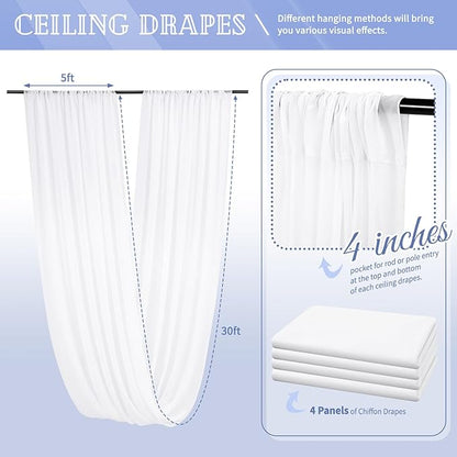 4 Panels White Ceiling Drapes for Wedding 5ftx30ft Sheer Drapery Chiffon Fabric Arch Draping Curtains for Party Ceremony Birthday Baby Shower Reception Stage Ceiling Decorations