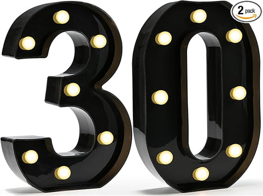 Pooqla Decorative Led Light Up Number Letters, Black Plastic Marquee Number Lights Sign for 30th Birthday Party Wedding Decor Battery Operated Black Decoration 30