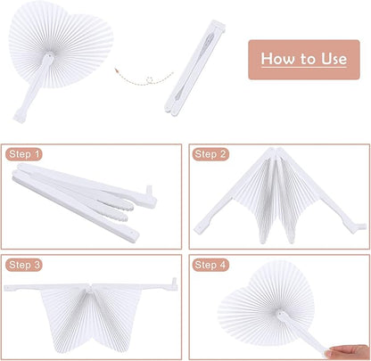 Aodaer 100 Pack Heart Shaped Folding Fans White Paper Fans Handheld Fans with Plastic Handles for Party, Wedding, Anniversary Decoration