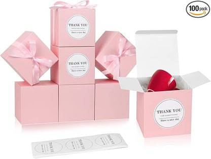 COTOPHER Small Gift Boxes 100 Pack 4x4x4 inches Pink Gift Boxes with Lids for Gifts, Crafting, Wedding Party Favor, Cupcake Boxes, Candy, Bridesmaids Proposal Box with Ribbons and Stickers (Pink, 100