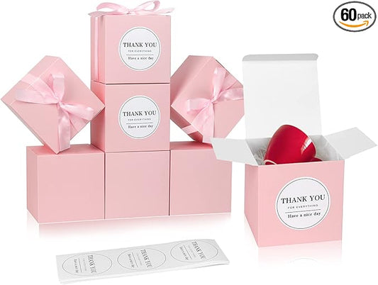 COTOPHER Small Gift Boxes 60 Pack 4x4x4 inches Pink Gift Boxes with Lids for Gifts, Crafting, Wedding Party Favor, Cupcake Boxes, Candy, Bridesmaids Proposal Box with Ribbons and Stickers (Pink, 60