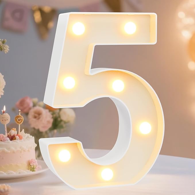 Pooqla Decorative LED Light Up Number Letters, White Plastic Marquee Lights Sign Party Wedding Decor, Battery Operated (5)