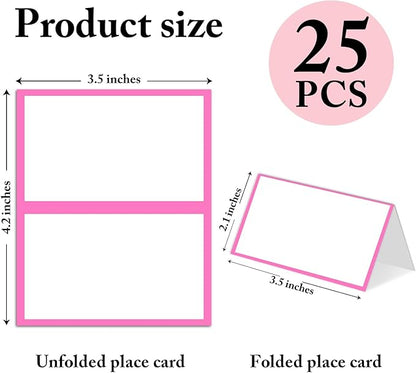 25 Pack Pink Border Place Cards, Editable Name Cards for Table Setting, Tent Cards Food Label for Dinner Party, Bridal Shower, Wedding, Baby Shower and Events -T10