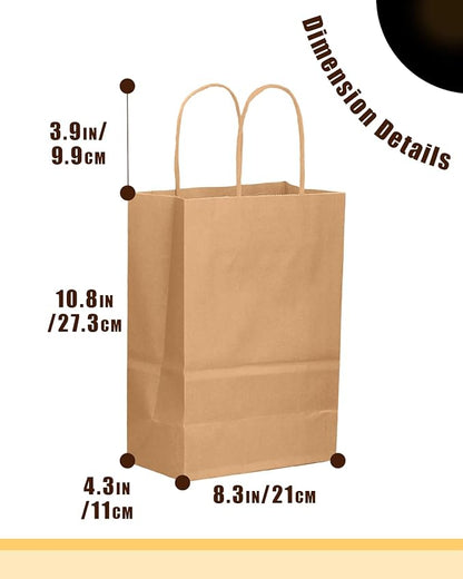 qiqee 50-Packs Brown Paper Gift Bags with Handles Bulk 11"x8.3"x4.3" Medium Size Paper Bags Multiple Uses