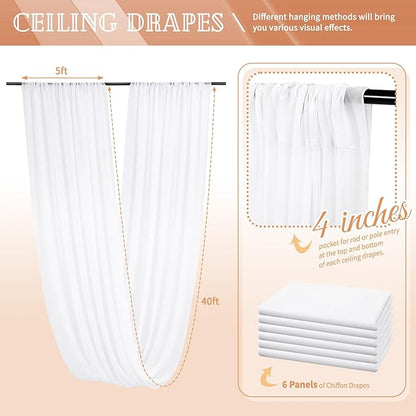 6 Panels White Ceiling Drapes for Wedding 5ftx40ft Sheer Drapery Chiffon Fabric Arch Draping Curtains for Party Ceremony Birthday Baby Shower Reception Stage Ceiling Decorations