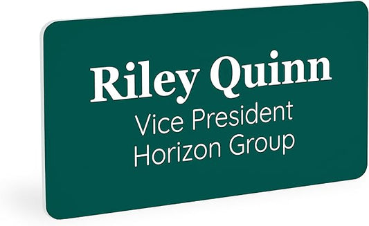 ExcelMark Custom Name Tag - Engraved Name Badge with Pin or Magnetic Backing, 16 Colors, 6 Fonts, and 2 Sizes to Choose from (Green w/White Letters, 1.5"x 3")