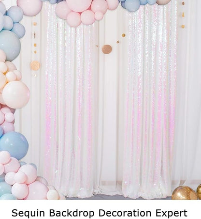 ShinyBeauty Sequin Backdrop 4 Panels White Sequin Curtains Photo Backdrop Shimmer Backgrounds for Christmas, Wedding, Studio Photography, Iridescent Party Curtains (2FTx8FT,Iridescent White)