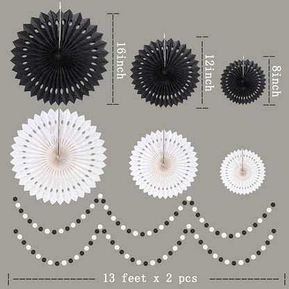 Cheerland Black White Party Decorations Hanging Paper Fans Garland Kit Gothic Decor Wedding Decoration Halloween Birthday Backdrop Baby Shower Goth Casino Emo Spooky Haunted House Party Supplies