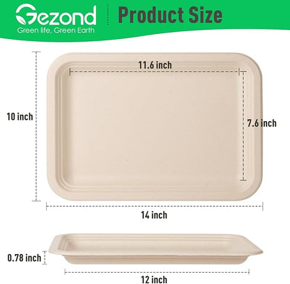 Gezond 100 Pack 14 Inch Disposable Food Trays Eco-Friendly Heavy-Duty Large Paper Plates Compostable Sugarcane Platters for Crawfish, BBQ, Seafood Boil Party Supplies Natural