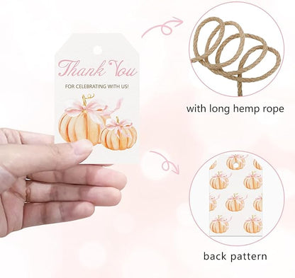 50pcs Little Pumpkin Thank You Tags, Pink Bow Fall Theme Favor Tags for Girl Coquette Baby Shower and Birthday Party Gift Wrapping Decoration (Pink Bow)