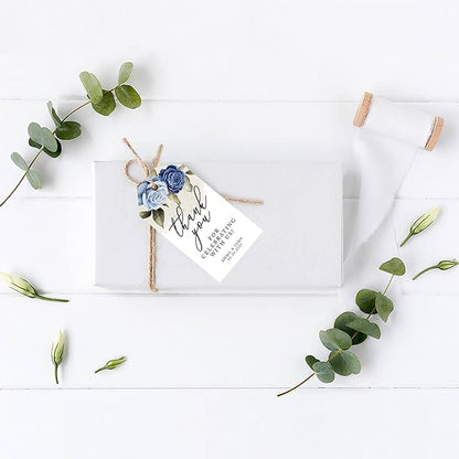 Andaz Press 100-Pack Personalized Thank You Tags with Bakers Twine ICY Blue Roses Custom Cardstock Wedding Gift Tags for Wedding Party Favors 2 x 3.75-Inches