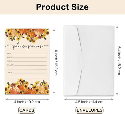 REWIDPARTY Thanksgiving Party Invitation Cards with Envelopes（Set of 15） Food Feast Invites for Family Friends Fall Invitations with Pumpkin and Florals Birthday Bridal Party Fill-in Invitation cards