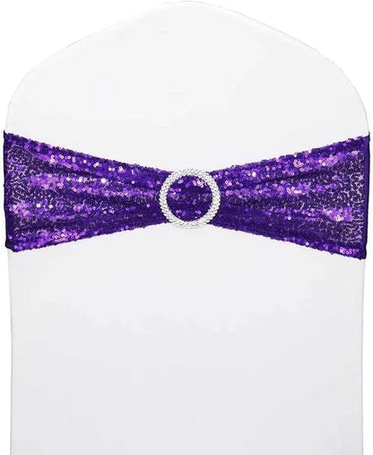 25 Pcs Chair Sashes Sequin Stretch Chair Bands Spandex Polyester Bows for Party Hotel Wedding Banquets Decoration - Purple