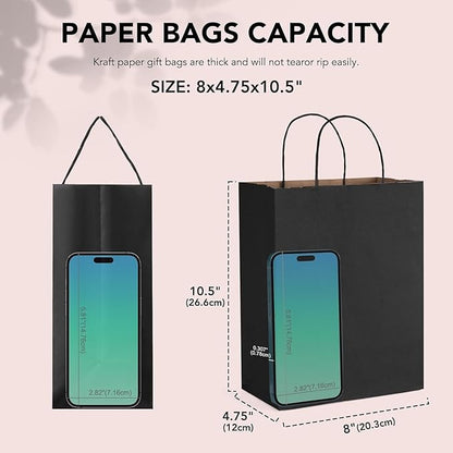METRONIC Kraft Paper Gift Bags with Handles 8x4.75x10.5 Inch 600 Pcs | Christmas, Birthday Party Favors, Retail Shopping, Small Business Bulk | Black Gift Wrap Bag