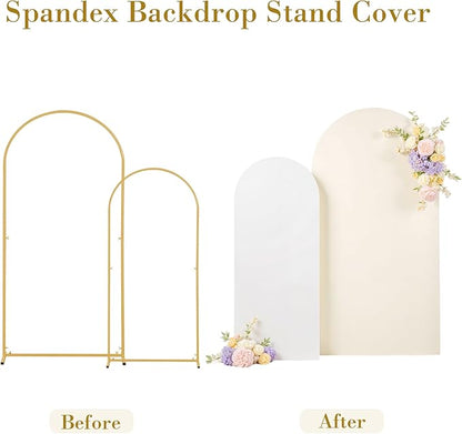 White and Beige Arch Backdrop Cover for Wedding, 7.2FT 6FT Set of 2 Stretchy Spandex Fitted Arch Stand Cover for Baby Shower, Birthday Party Decor, Chiara Backdrop Cover with Double-Sided Design