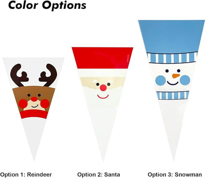 EKAPACKAGING 50Pcs 6.3x11.8 Inches Santa Print Cone Shaped Treat Bags with Ties, Christmas Clear Cellophane Bags, Party Favor Bags for Popcorn, Cookies, Cotton Candy, Gift, and Pretzel Rod