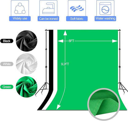 EMART Photo Video Studio Backdrop Stand Kit, 7×10ft Adjustable Photography Support System with Polyester Background(Black/White/Green Screen), Spring Clamps and Carry Bag for Photoshoot
