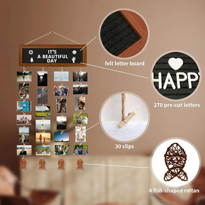 Hanging Photo Display Wall Decor, Picture Frames Collage Felt Letter Board with 270 Letters and 30 Clips, DIY Boho Dorm Room Decor for Wall, Mothers Day Party Birthday Gifts