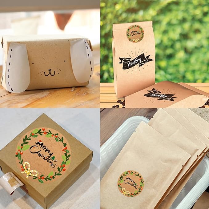 100-1000pcs Custom Stickers Merry Christmas Stickers Personalized Labels Adhesive Xmas Decorative Envelope Seals Stickers for Cards Gift Boxes (Round Kraft -3)