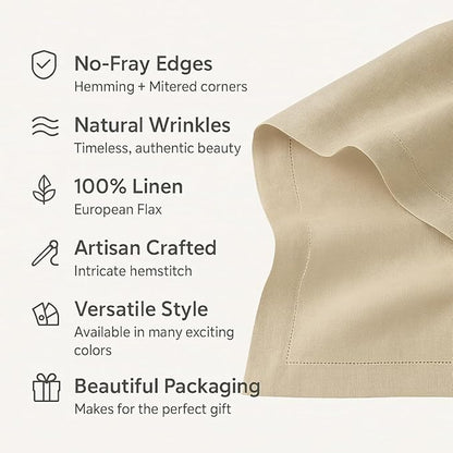 100% Pure Linen White Napkins 20 x 20 Inch - Hemstitch Christmas Dinner Napkins Set of 4 - Cloth Fabric Napkins for Thanksgiving, Winter, New Year - Elara