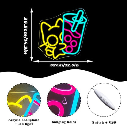 Looklight Cat Boba Tea Neon Sign,Yellow Cute Kitty Bubble Tea Neon Signs for Wall Decor,Dimmable LED Neon Light Bar Sign,USB Light Up Signs for Dimsum Store Bar Milk Tea Shop