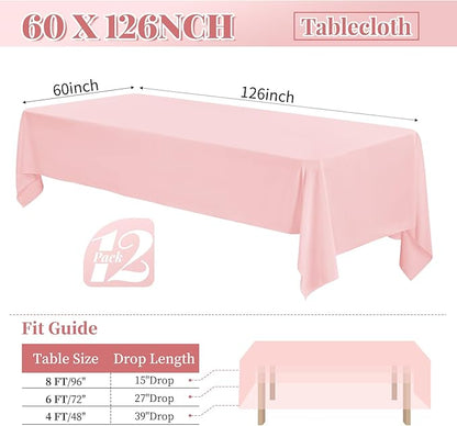 12 Pack Polyester Tablecloth 60 x 126 Inch Pink Tablecloth for 8 Ft Rectangle Tables,Stain and Wrinkle Resistant Washable Fabric Table Covers Polyester Table Clothes for Wedding Parties Banque
