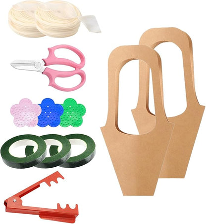 50 pc Kraft Paper Flower Bags with Handles Cones & Brown Bouquets - Shears, Thorn Remover, Floral Tape & Lace Ribbon (13.78Inches)