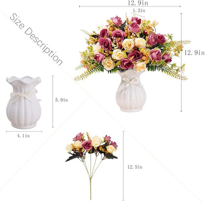 LESING Artificial Fake Flowers with Vase Silk Artificial Roses Wedding Flowers Bouquets Home Office Party Meeting Room Decoration (Violet red-1)